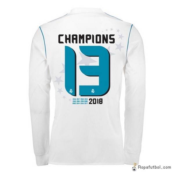 Camiseta Real Madrid Champions 13 Replica Primera Ropa ML 2017/18 Blanco